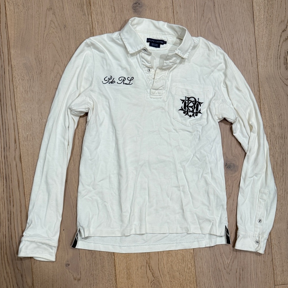 Ralph Lauren Cream Long Sleeve Polo with Black Embroidery